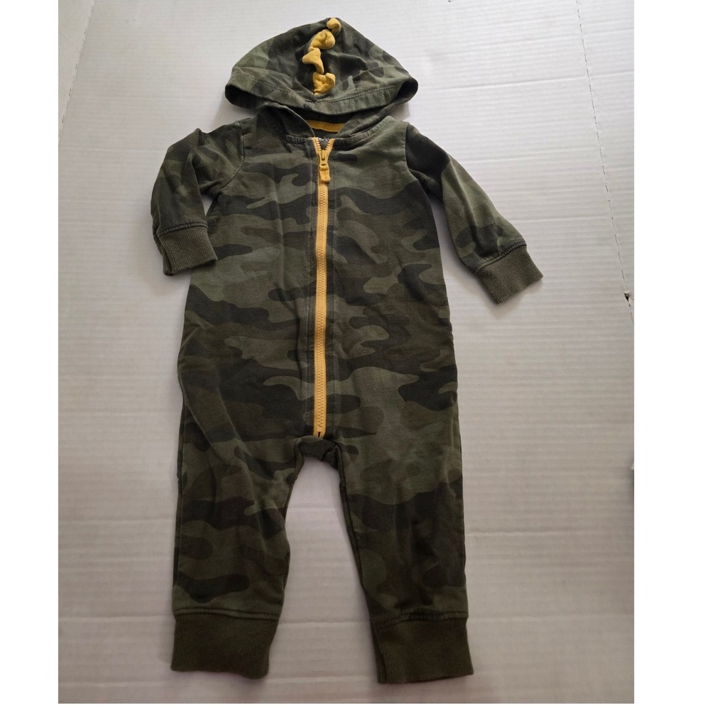Carters Baby Boys 6M Camo Dinosaur Hooded Jumpsuit Green Yellow Zip Up Romper